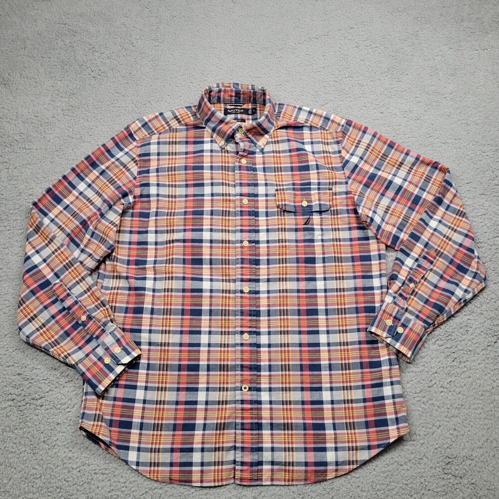 Nautica Men's Medium Shirt Red Multicolor Plaid Long Sleeve Button Up